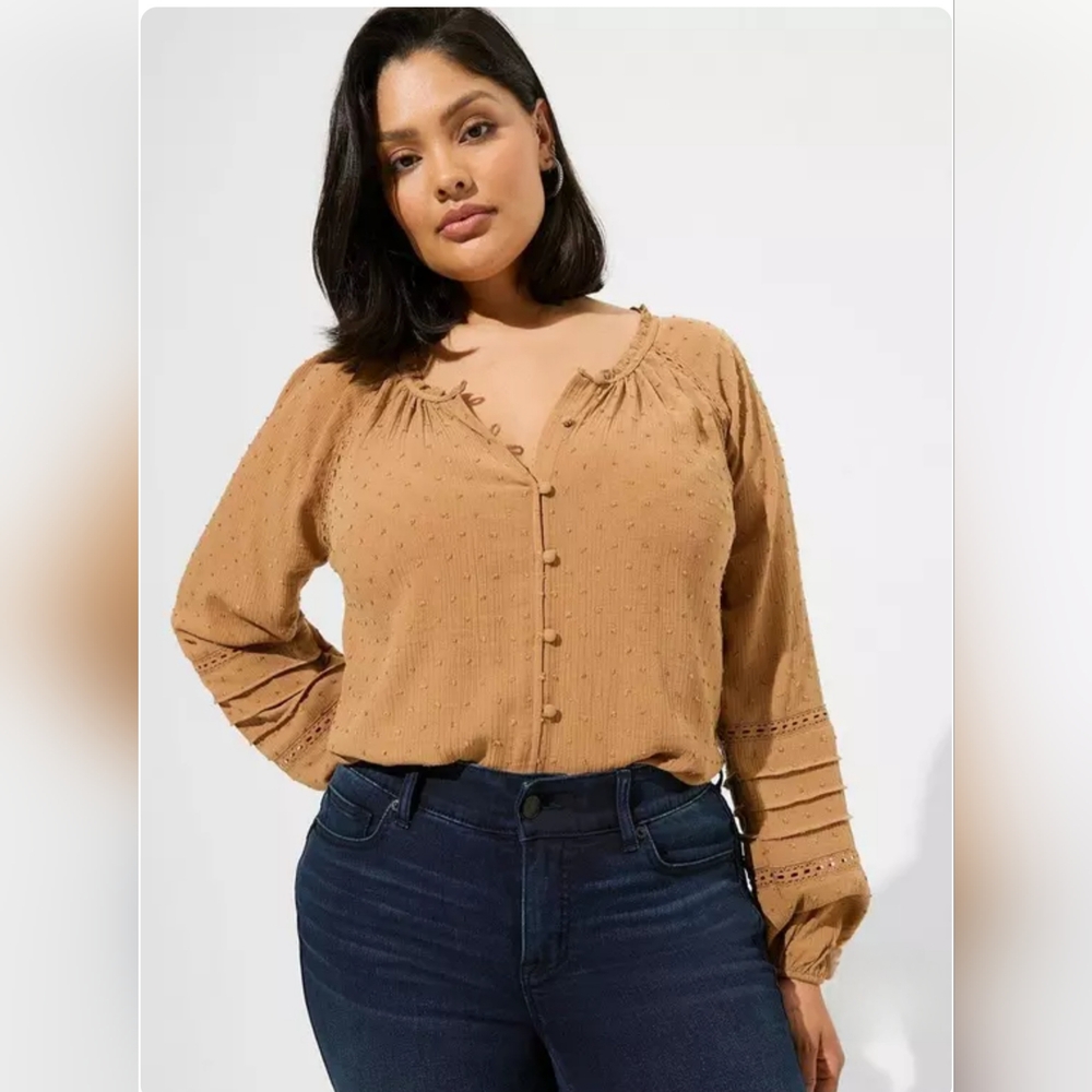 NWT Torrid Washable Gauze Lace Inset Top Long Sleeve Tobacco Brown Size 3X